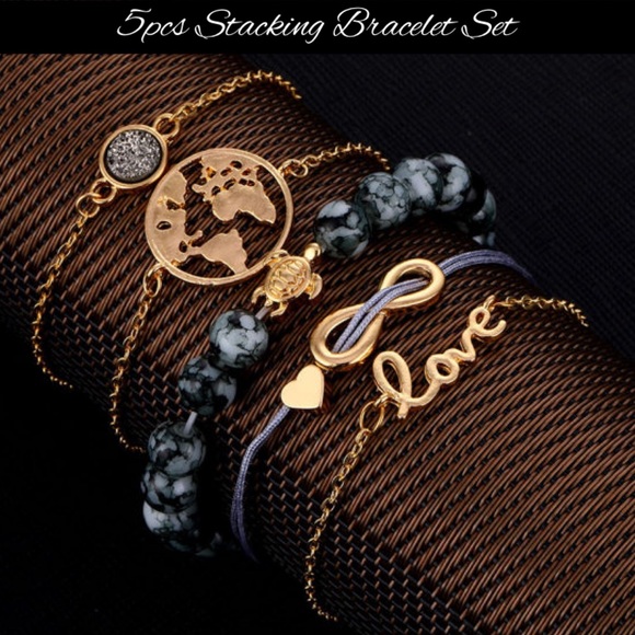 5pcs Beaded Druzy Love Chain Stacking Bracelet Set - Picture 1 of 7